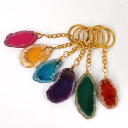 Keychains Natural Agates Slice Keychain Gold Chain Polished Quartz Charm Keyring Irregular Colorful Hanging Accessories Jewelry For Women Mi