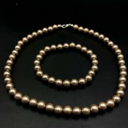 Cultured Golden Shell Pearl 8x8 mm Beads Stretch Necklace Bracelet Set