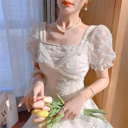Short Sleeve French Elegant Midi Dresses Women Floral Design Sweet Vintage Dresses Korean Style Evening Party Dress Females 220514