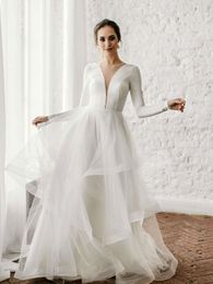 Bohemian Simple Deep V-Neck Tulle Wedding Dress Long Sleeves Backless Satin Bridal Wedding Gowns 2022 Elegant Tiered Boho Beach Bride Dresses