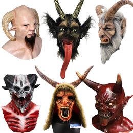 Party Masks Horn Devil Demon Latex Mask Realistic Krampus Demon Mask Chirstmas Costume Headwear Party Horrible Props 220826