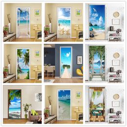Beach Sun Self adhesive Door Wallpaper 3D PVC Home Design Decoration Sticker Porte Scenery Poster Mural Wall Decals deursticker 220716