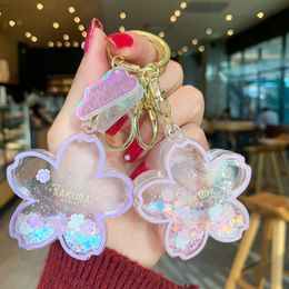 Acrylic Flower Keychains Sakura Car Key Chain Ring Accessories Women Fashion Schoolbag Pendants Bag Charms Cute Gold Metal Keyrings Jewellery for Girls Gifts