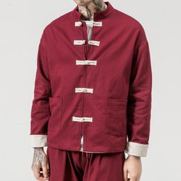 Ethnic Clothing Cardigan Men Long Sleeve Coat Mandarin Collar Chinese Traditional Retro Tang Suit Buckle Jacket Oriental Linen ShirtEthnic C