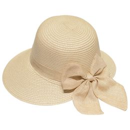 Lady Bowknot Straw Hat Adult Summer Sunscreen Leisure Cap Wide Brim Students Fresh Raffia Shading Sun Cap Foldable 220607