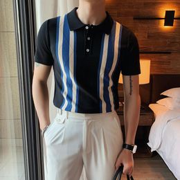 British Style Summer Men Casual Knitted Shirts Short Sleeve Fashion Contrast Colours Slim Fit Business Polos Homme Plus Size Men's