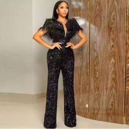 Feather Black Jumpsuit Evening Dresses Sequins Beads Crystal Party Prom Banquet Custom-made Floor Length Short Sleeves Glitter Robe De