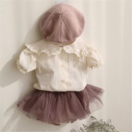 Clothing Sets Korean Style 2022 Summer Toddlers Girls Cotton Shirts Ruffles Collar Puff Sleeve Baby Kids Tops Cute Blouses Infants ClothesCl