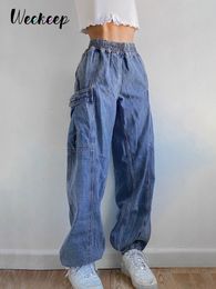 Weekeep Casual Jeans Elastic High Waist Button Fly Pocket Denim Pants Streetwear Harem Sweatpants Women Baggy Basic Cargo Pants 220813