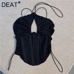 DEAT Women Black Sling Hollow Out Drawstring Camis Arrrivals Sexy Temperament Fashion Spring Summer 11D1777 220325