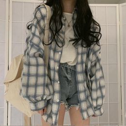 Women's Blouses & Shirts Autumn Female Plaid Shirt Oversize Lantern Sleeve Vintage Checked Blouse Ladies Casual Button Up Loose Tops BF Styl