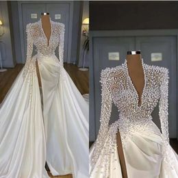 One pcs Vintage 2022 Plus Size Pearls Mermaid Wedding Dresses Bridal Gowns With Detachable Train V Neck Long Sleeve High Side Split Robe de mariée
