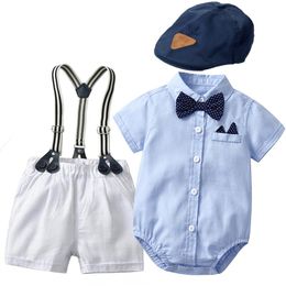 Clothing Sets Born Boutique Clothes Set Baby Boys Summer Suit Sky Blue Rompers Hat White Shorts Formal Gentleman Birthday SetsClothing