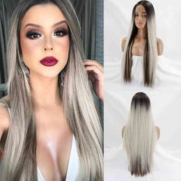 Ombre Blond Long Straight Synthetic Wig Womens Middle Part Black Pink Wine Red 30 Inch Heat-resistant Natural Cosplay 220622