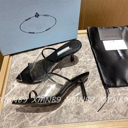Hohe Qualität Sling Back Sandalen Frauen Luxurys Slides Hausschuhe Schwarz Weiß High Heels Casual Schuhe Transparent Sommer Neue 7,5 cm 35-42