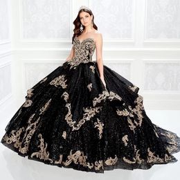 Shining Black Beaded Ball Gown Quinceanera Dresses Sweetheart Neck Lace Appliqued Prom Gowns Sequined Sweep Train Tulle Sweet 15 Womens dress