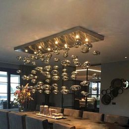 Pendant Lamps Modern LED Chandelier Chrome Ball Lustre Dining Room Smoke Grey Glass Bubble Lightings Kitchen Fixture Table Top ChandelierPen
