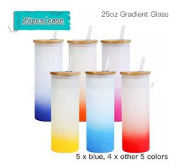 US WAREHOUSE 25oz Sublimation tumbler Glass Can Gradient Color Creative Sequins shape Bottle with Lid and Straw Summer straight Drinkware Juice Cup