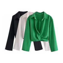 TRAF Women Fashion With Knot Pleated Cropped Blouses Vintage Long Sleeve Elastic Hem Female Shirts Blusas Chic Tops 220813