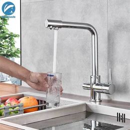 Chrome Kitchen Faucet Dual Swivel Spout Drinking Water Philtre Brass Purifier Vessel Sink Mixer Tap Hot and Cold Water Torneira T200424
