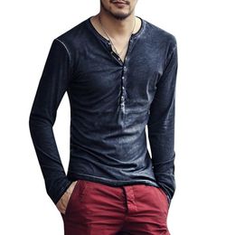Men's T-Shirts 2022 Men Tee Shirts V-neck Long Sleeve Tee&Tops Stylish Slim Buttons T-shirt Autumn Casual Solid Male Clothing Plus Size