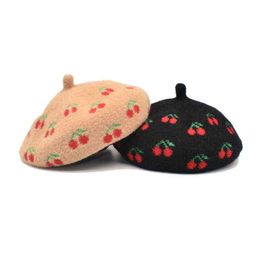Women Cute Cherry Fruit Print Faux Wool Beret Retro Newspaper Seller Hat Autumn And Winter Warm Painter Hat J220722