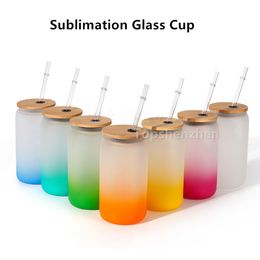 16oz Mug Sublimation Blanks Jar Wide Mouth Mason Glass Cups Tumbler Beer Coffee Mugs Water Bottle Frosted Gradient Color With Bamboo Lids & Straws