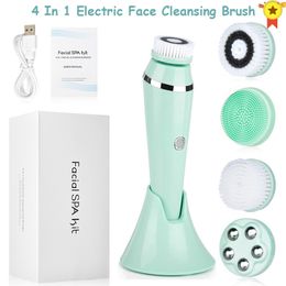 A Quality Newest 4 in 1 Electric Facial Brush Face Skin Spa Cleansing USB Rechargeable Massager Cleaner with Four Heads Skin Clean Beauty Tool 270