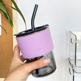 410ml Glass Coffee Mugs Drinking Straw Water Bottles Portable Water Cups With Lid Leather Anti Slip Cover Outdoor Travel Couple CX220513