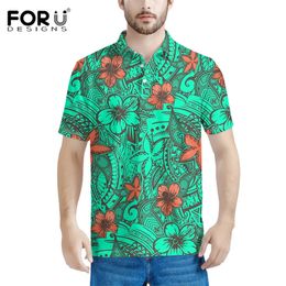 FORUDESIGNS Men's Green Golf Shirts Hibiscus Hawaiian Floral Polynesian Pattern Print Hombre Casual Shorts Sleeves Clothes Tees 220620