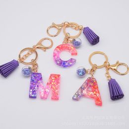 Keychains Resin Glitter Letter Keychain Colour Contrast Patchwork Tassel Pendant Purple Epoxy English Text Key Chain Simple For WomenKeychain