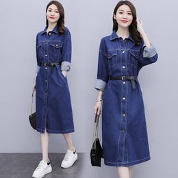 Casual Dresses Jeans Women Daily Slim Long Sleeve Belt Midi Solid Denim Dress Office Lady Plus Size Elegant Fashion VestidoCasual