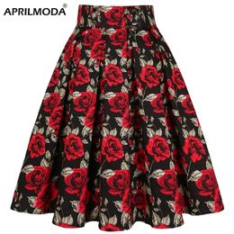 High Waist Floral Rockabilly Pleated Skirts Womens Summer Red Rose Flower Boho Vintage Skirt Midi Plus Size 3XL Clothing 220317