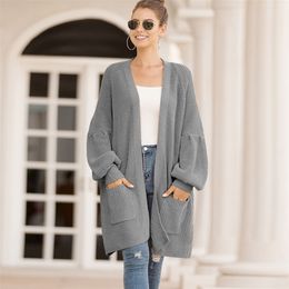 Spring and Autumn Cardigan Sweater Lantern Sleeve Loose and Plus-sized Casual Sweater Women long coat womens sweater 201203