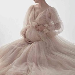 Maternity Dresses For Photoshoot Long Sleeves Tulle Floral Maxi Dresses Dress Pregnant Women Photography Pregnancy Shooting Dress J220628