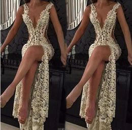 Aso Ebi Sexy Dark Ivory Lace Mermaid Prom Dresses Sleeveless Long Front Slit Special Occasion Gowns V-Neck Pearls Beaded Illusion Evening Dress For Women