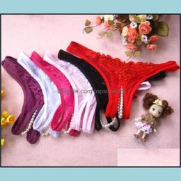Women Open Crotch Pearl Lace Thong Beads Sexy Underwear Erotic Lingerie Appeal Intimates Bandage Belt Crotchless Panties Drop Delivery 2021