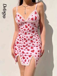 Darlingaga Y2K V Neck Heart Printed Lace Up Women's Summer Dress Fashion Aesthetic Bodycon Sundress Split Sexy Dress Sweet Cute Y220413
