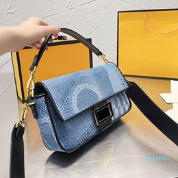 Denim Blue Baguette Bag Tote Shopping Bags Large Capacity Handbags Purse Women Cross Body Wallet Interior Zipper Pocket Removable Shoulder