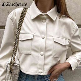 SUCHCUTE Streetwear Fashion Cropped PU Leather Jackets 90s Outfits Buttons Up Pockets Solid Basic Autumn Jacket Women's Outwear L220728