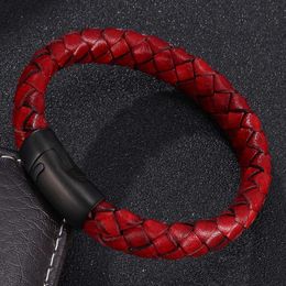 Charm Bracelets Vintage Red Braided Leather Bracelet Men Jewelry Black Magnetic Buckle Rope Bangle Punk Male Wrist Band Gifts Pulsera Hombre