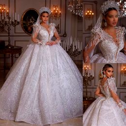 Luxury Wedding Dress Sexy V-neck Sleeveless Appliqued Lace Sequins Elegant Bridal Dress Sweep Train