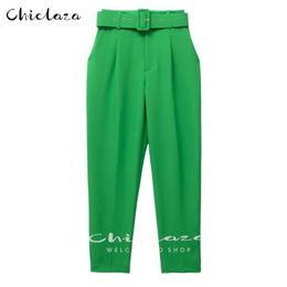 CHICLAZA Women Spring Autumn Black White Office High Waist Pants Ladies Casual Solid With Belt Green Harem Trousers Female 220726