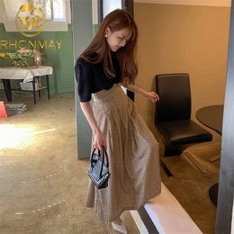New Fashion Knitted T Shirts Women Korean Chic O Neck Puff Sleeve Tops High Waist Floral Print Long Skirt Vintage 2 Piece Set