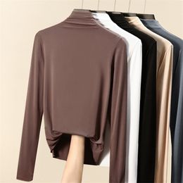 Autumn Korean Cotton T-Shirt Women Turtleneck Vintage Long Sleeve Office Lady Tshirts Brown Slim Shirt Mujer Camisetas 220328