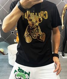 Men's Casual T-shirt Sequin Bear Design Mercerized Cotton High Quality Male Tees Summer New Trend Large 5XL Versatile Man Clothing High Quality Light Luxury M-4XL