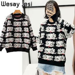High Quality Cute Women Sweater Cartoon Pattern Fashion Knitted Sweater Ladies Long Sleeve Casual Chic Pullover Loose Top 210203