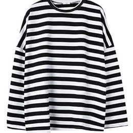 oversized t shirt spring Autumn Women harajuku Striped T-shirt Korean Casual full Sleeve O-Neck T-Shirts ulzzang Femme black Top 220321