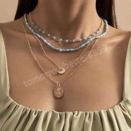 Boho Vintage Oval Flower Moon Pendant Necklaces for Women Femme Blue Bead Choker Necklace Fashion Jewelry Party