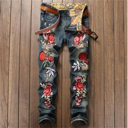 Embroidery Floral Tiger Bird Print Design Mens Ripped Jeans Slim Denim Pencil Pants Hommes Blue Straight Biker Jean Long Trousers 27-38